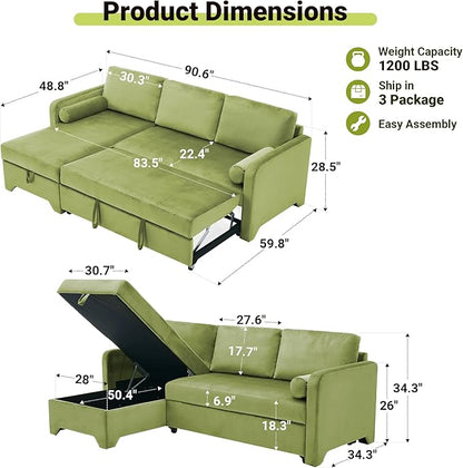 Tbfit 90.6'' 3 in 1 Sleeper Sofa Couch with Storage Chaise, Velvet Sofa Bed with Pull Out Bed, Convertible Sleeper Sofas for Living Room, Small Spaces, Green