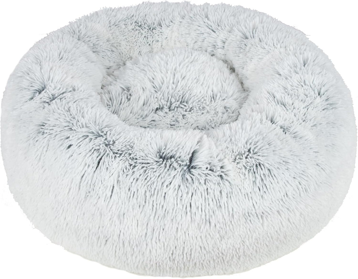 Best Pet Supplies Round Donut Dog Bed with Plush Faux Fur Fabric, Calming, Anti-Anxiety Cushion for Indoor Pets, Slip-Resistant Base, Soft Ergonomic Support - Light Warm Gray, 20x20x6''