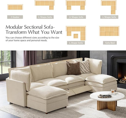 HULALA HOME 128'' Power Recliner Sofa with Dual-Layered Cushions, Oversized Modular Sectional Sofa U Shaped Couch with Storage Ottoman, 6 Seater Cloud Couch for Living Room, Beige
