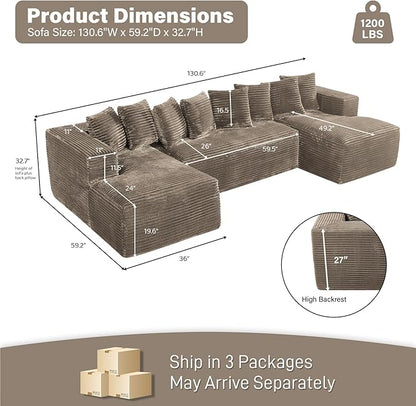Modular Sectional Sofa, 130" U Shaped Cloud Couch Plush Corduroy Comfy Deep Seat Boneless Sofas with 8 Pillows Double Chaise Lounge Sectional Couches with Memory Foam for Living Room - Camel