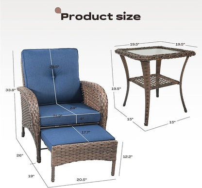 Rilyson Wicker Patio Furniture Set - 5 Piece Balcony Furniture Set with Hidden Ottomans, Rattan Outdoor Patio Chairs with Side Table for Porch Deck Poolside Garden Brown/Blue