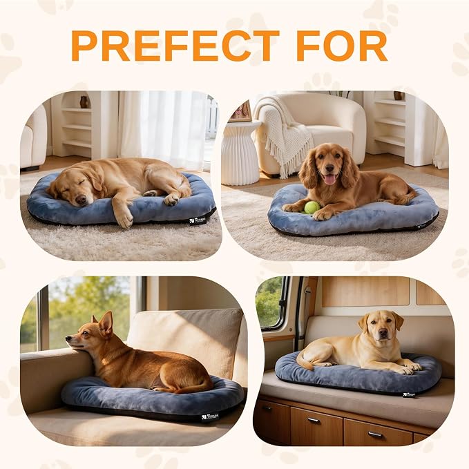 Washable Oval X-Large Dog Bed, Silver-Tipped High-Resilience, Dusty Blue | Non-Slip Bottom Prevents Sliding, Soft Plush Short Fur, Machine Washable, Ideal for Crates/Apartments/Cozy Nooks,41"x27"x3.6"