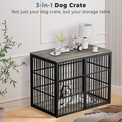 48'' XXL Dog Crate Furniture with 3 Doors, Wooden Crate End Table Heavy Duty Indoor Combination Cage for Medium to Large Dogs, Multiple Units Can be Combined, Grey
