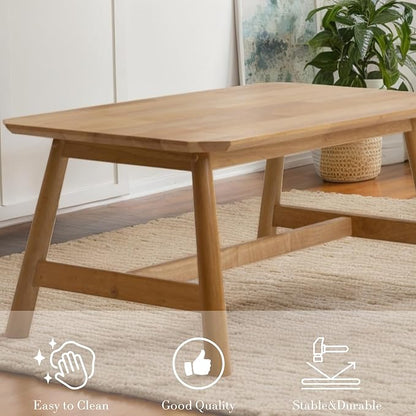 Ya-Home Farmhouse Coffee Table 35.5” Side Table Mid Century Wooden Table, Solid Wood Tea Table for Living Room Reception Room, Natural Finish
