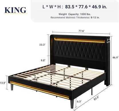 Allewie Upholstered King Size Platform Bed Frame with LED Light and Charging Station, Button Tufted High Headboard, Wingback Design, Noise Free, Easy Assembly, No Box Spring Needed, Black