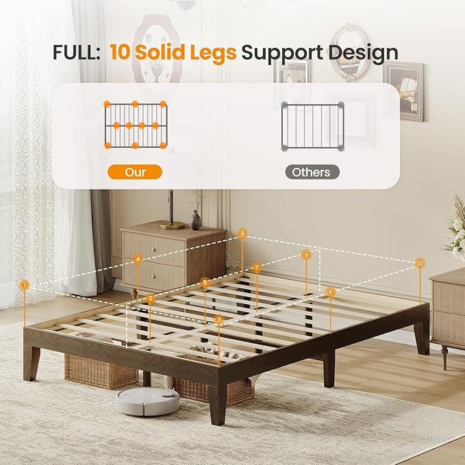Full Size Wood Platform Bed Frame, 12 Inch Solid Wood Bed Frame with Wooden Slats, No Box Spring Needed, Easy Assembly,Espresso