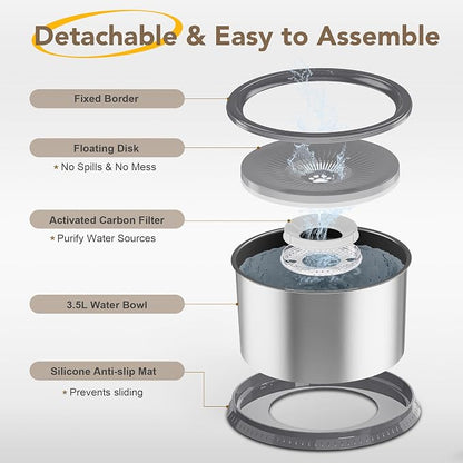 3.5L Stainless Steel Dog Water Bowl, No Spill Water Bowl for Dogs | Large Capacity, Slow Drinking Feeder, Splash Proof, with Anti-Slip Mat, Dishwasher Safe, Sturdy, Suitable for Mess Drinkers