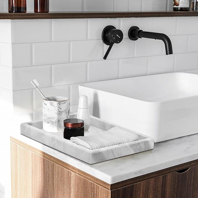 Marble Bathroom Tray,Pure Natural Marble Vanity Tray,Marble Tray for Kitchen Counter Non-Ceramic/Non-Resin,Stone Tray 12 x 8 inch (White)