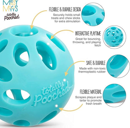 Messy Mutts Totally Pooched Huff'n Puff Ball | 2.5” TPR Puzzle Ball for Dogs | 2-in-1 Durable Interactive Toy and Tooth Cleaner | Teal