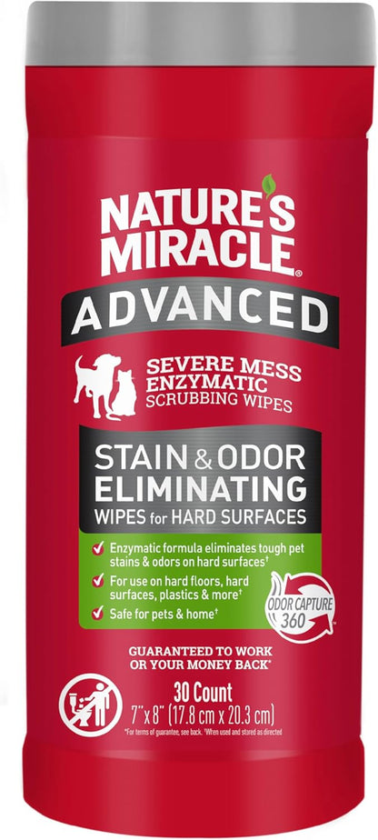Nature’s Miracle Advanced Stain And Odor Eliminating Wipes for Hard Surfaces, 30 Count, Enzymatic Formula Eliminates Tough Pet Messes