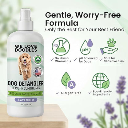 Large Slicker Brush & Lavender Detangler Spray Pack, Dog Grooming at Home | Best Brush For Long Haired Dogs, Dematting Comb & Detangling Spray For Goldendoodle Coats, Puppy Matting Grooming Supplies