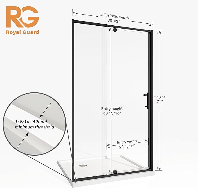 Pivot Shower Door, 38-42" W x 71" H Semi-Frameless Swing Glass Shower Door