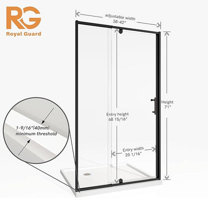 Pivot Shower Door, 38-42" W x 71" H Semi-Frameless Swing Glass Shower Door