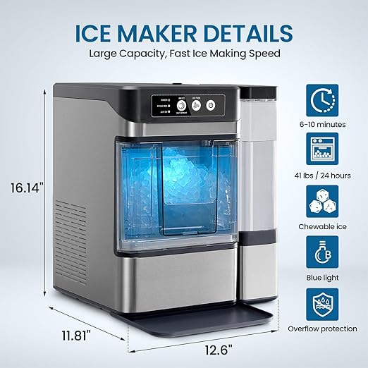 Chewable Crunchable Countertop Nugget Ice Maker，with Side Water Tank, 41 Lbs in