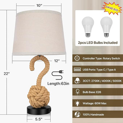 2-Pack 22" Rope Lamps for Night Stands, Boho Table Lamps for Living Room Bedroom Guest Room, 3-Color Temperatures Rattan Lamp with Rotary Switch, Bedside Lamp with USB Ports, 2 Bulbs Included