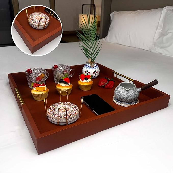 20x20 Inches Large Brown Faux Leather Wrapped Wood Ottoman Tray with Handles for All Occasions, Serving Food Breakfast On Bed, Home Decor Decorative, Living Room,Square Coffee Table Organizer