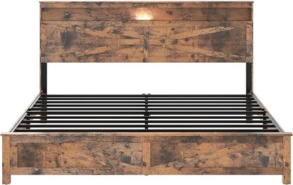 Farmhouse Wooden Bed Frame King Size with Storage Headboard, Boho Platform Bedframe with LED Lights and Charging Station, Metal Slats Support, No Box Spring Needed, Brown
