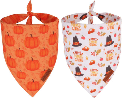 PTDECOR Thanksgiving Fall Dog Bandanas, Orange White Reversible Holiday Pet Scarf, Happy Thanksgiving Pumpkin Triangle Thanksgiving Bandanas for Extra Large Dogs (X-Large)