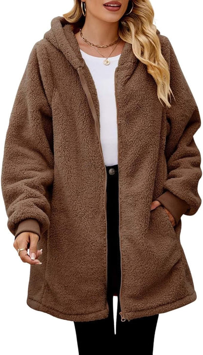 LIZALIG Women's Oversized Fleece Jacket Hooded Zip-Up Cardigan Coat with Pockets Warm Winter Casual Wear for Vacation