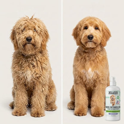 Large Slicker Brush & Lavender Detangler Spray Pack, Dog Grooming at Home | Best Brush For Long Haired Dogs, Dematting Comb & Detangling Spray For Goldendoodle Coats, Puppy Matting Grooming Supplies