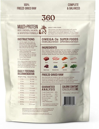 360 Pet Nutrition Freeze-Dried Raw Dog Food – Multi-Protein with Beef, Chicken, Fish, Liver & Organs, High Protein Omega-3s Fruits Veggies & Superfoods Grain-Free, No Fillers, 6 x 5 oz – Made in USA