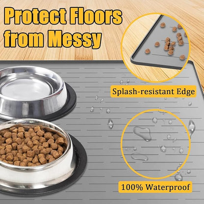51.2"x25.6"(130cm×65cm) Largest Dog Food Mat, XXXXL Silicone Dog and Cat Mat for Food and Water Bowls, Thinken Waterproof Non-Slip XXXL Pet Feeding Mat for Floors, Light Gray