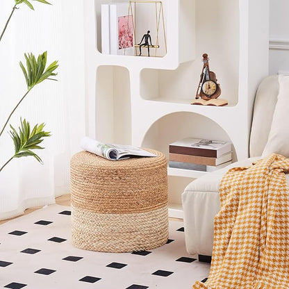 Wimarsbon 18'' Pouf Ottoman, Natural Braided Poof, Round Poufs, Rustic Handweave Lounge Pouffe, Boho Footrest Stool for Bedroom, Accent Table or Seat for Patio, Living Room