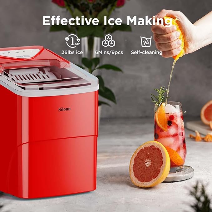 Silonn Ice Makers Countertop, 9 Cubes Ready in 6 Mins, Self-Cleaning Ice Machine