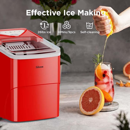 Silonn Ice Makers Countertop, 9 Cubes Ready in 6 Mins, Self-Cleaning Ice Machine