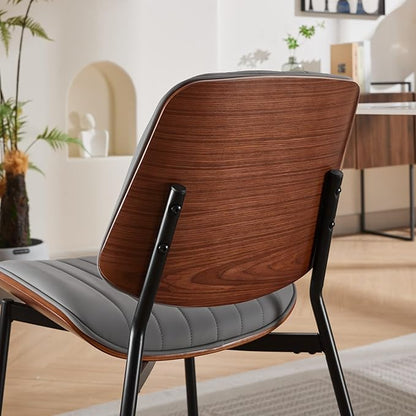 YaFiti Dining Chairs Set of 4, Mid Century Modern Accent Dining Room and Kitchen Chairs, Upholstered PU Leather Vertical Stripe Chairs for Vanity with Walnut Bentwood and Metal Legs, Gray