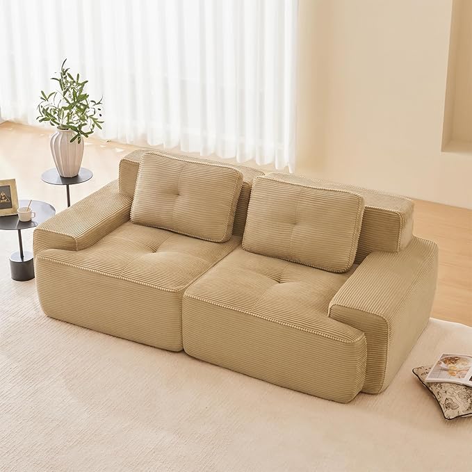 80" Modern Corduroy Boneless Love Seat Couches, 2 Seater Large Sectional Couches for Living Room, Camel Cloud Modular Sectional Sofa, Memory Foam, Extra Deep Loveseat, No Assembly