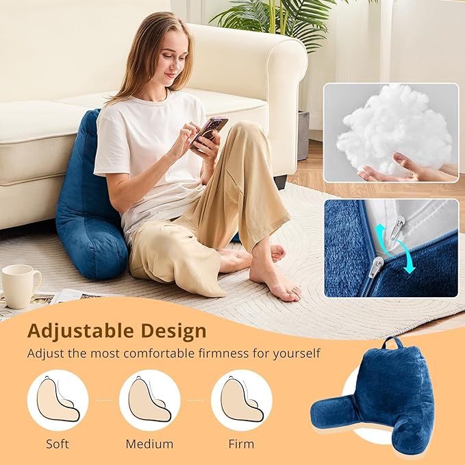 Sasttie Reading Pillow, Velvet Back Pillow for Bed Sitting Up, Adult Back-Rest Support Cushion with Arms for Sit Up on Couch, Sofa, and Floor, Dorm Essentials, Reading Accessories, Navy