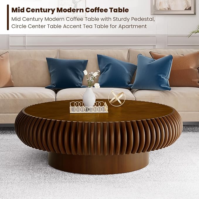 Round Drum Coffee Table for Living Room, Mid Century Modern Coffee Table with Sturdy Pedestal, Farmhouse Fluted Circle Center Table Accent Tea Table for Apartment (Large Walnut)