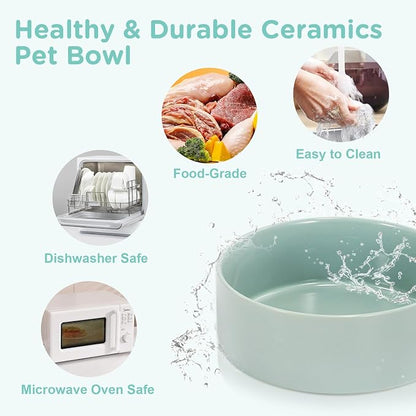 SPUNKYJUNKY Elevated Dog Bowls Ceramic, 7.3'' Dogs Food Water Bowls Raised with Non-Slip Bamboo Stand for Medium to Large Sized Breed Microwave Dishwasher Safe - 42 OZ,Light Green