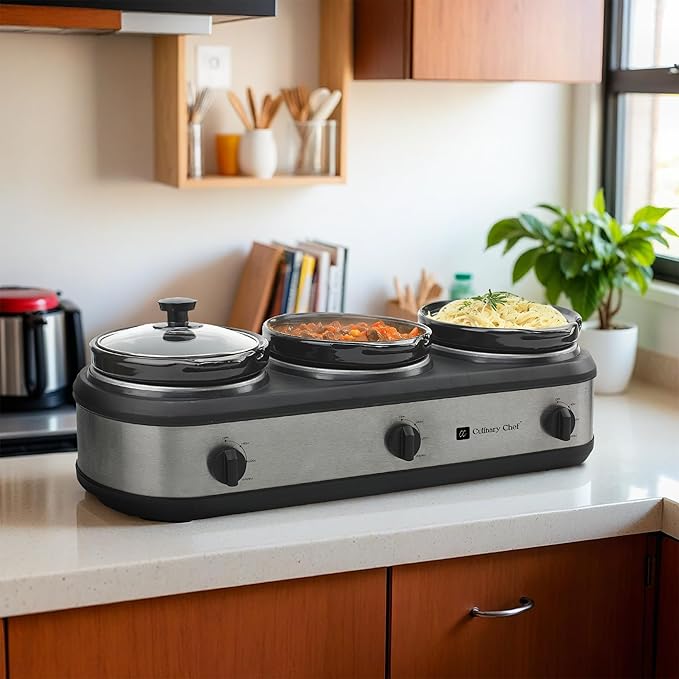 CULINARY CHEF, Triple Slow Cooker, Buffet Server 3 Pot, Food Warmer