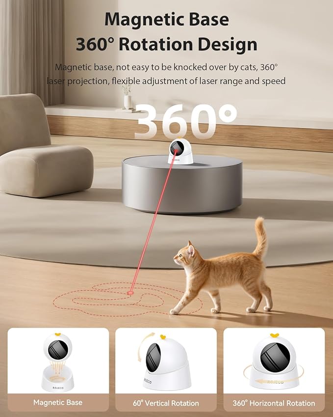 ROJECO Auto Laser Cat Toy - Random Motion Track, Magnetic 360° Base, Run Quiet,Rechargeable with 1000mAh Battery, Auto Sleep & 3 Speed Modes, Safe for Cats,Interactive Cat Gifts Toys for Bored Indoor