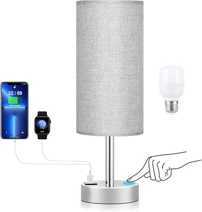 Grey Touch Nightstand Lamps for Girl - Small Bedside Lamp with USB-C and USB Charging Ports, 3 Way Dimmable Control Table Lamp for Living Room Office, Dorm, Reading with Fabric Shade Silver Base