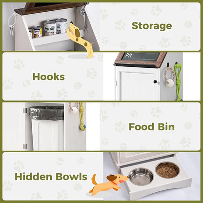 White 38.4" H Dog Feeding Station with Storage | Pet Food Storage Cabinet with 2 Elevated Bowls,Hooks,Hidden Dog Feeding Organizer for Cats and Dogs
