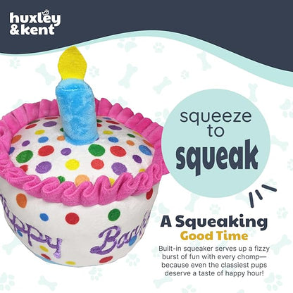 Huxley & Kent Funny Dog Toy w/Squeaker – Power Plush Squeaky Dog Toys for Small, Medium & Large Dogs – Soft Stuffed Animal for Indoor Play & Fetch - Happy Barkday Cake, Small