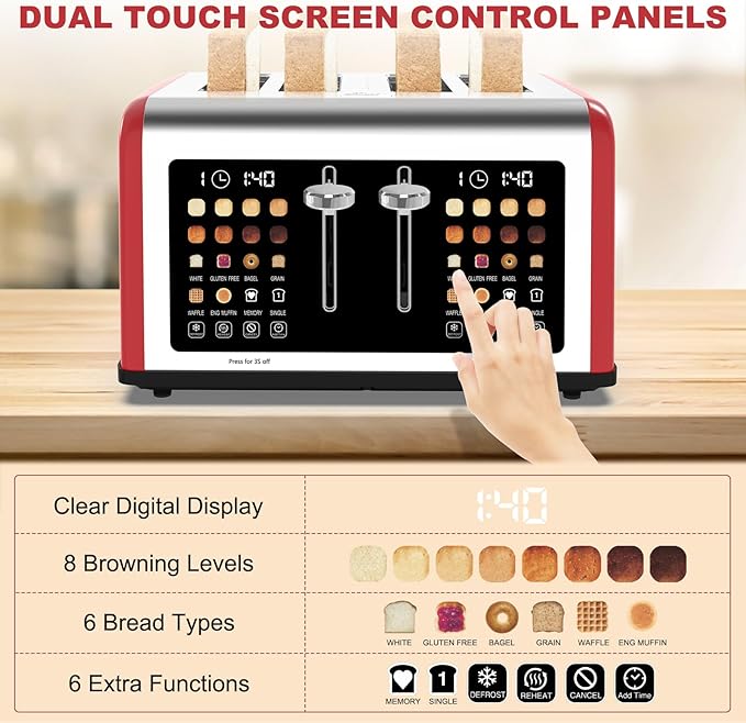 4 Slice Toaster Touch Screen, Stainless Steel Toasters Digital Timer, Dual