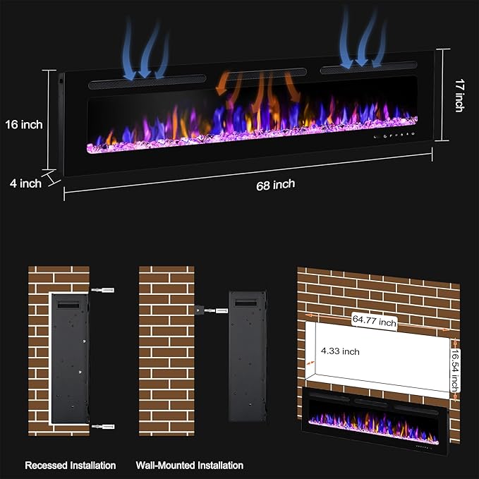 68" Electric Fireplace Wall Mounted and Recessed