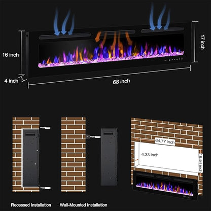 68" Electric Fireplace Wall Mounted and Recessed