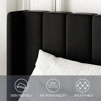 King Size Bed Frame with Wingback Headboard, Upholstered Platform Bed, No Box Spring Needed, Sturdy Wooden Slat Support, Easy Assembly, Black