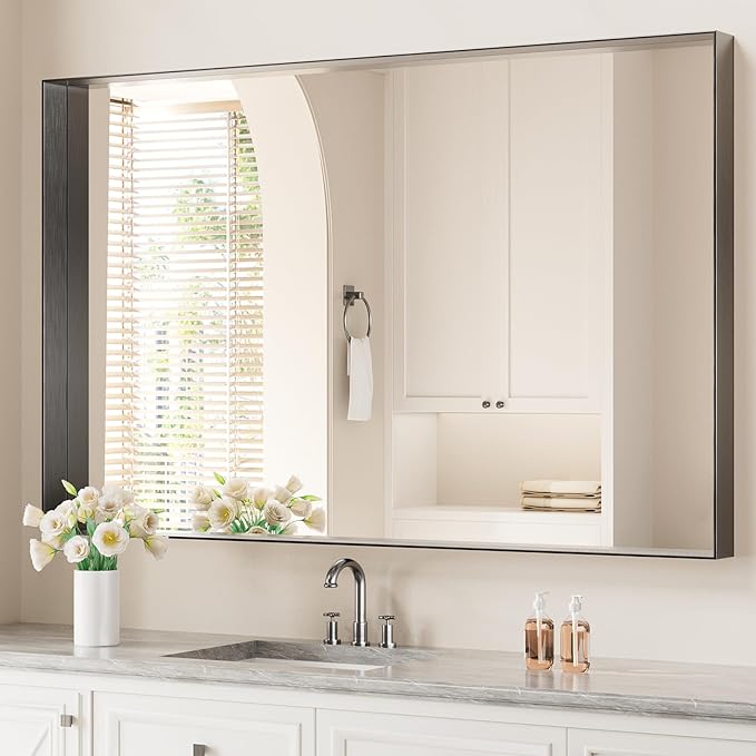 Koonmi 30x48 Inch Black Metal Framed Bathroom Mirror