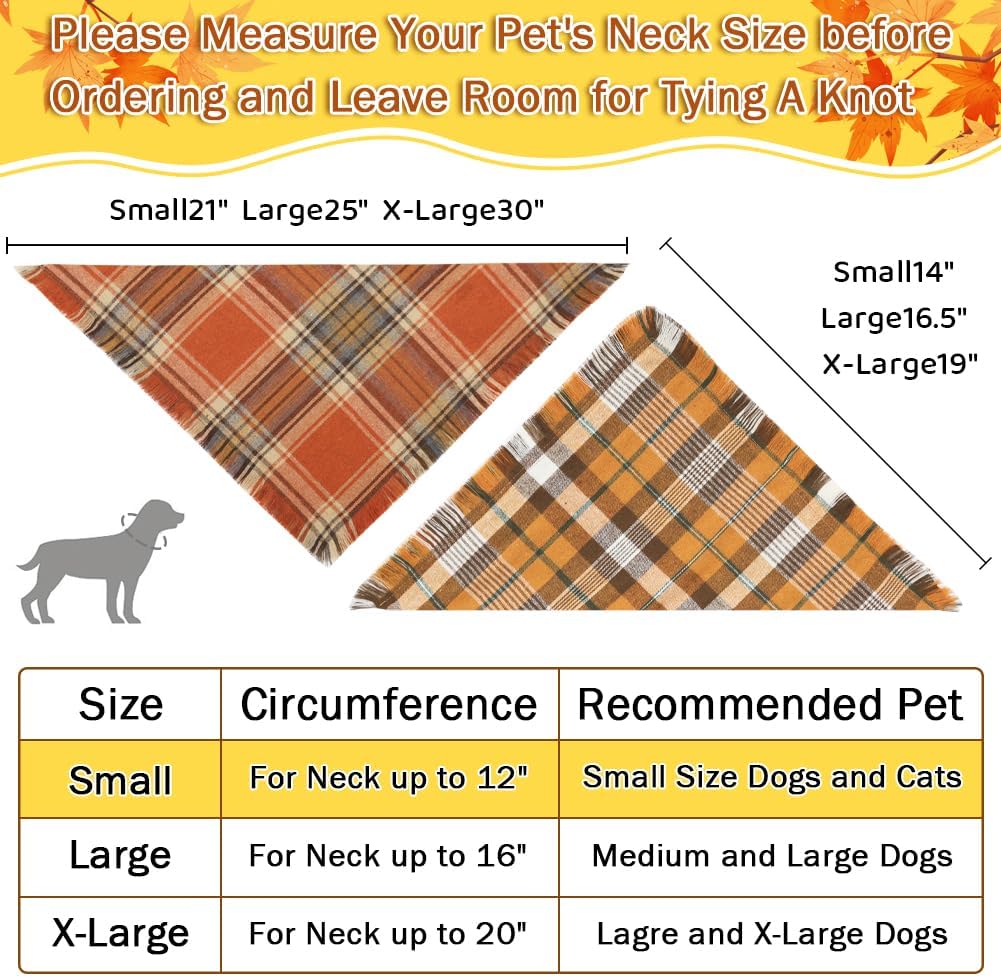 Vivifying Halloween Dog Bandana, 2 Pack Classic Plaid Fall Dog Scarf with Tassels Edges, Funny Pet Apparel & Accessories Costume for Thanksgiving Photo Prop, and Party Decor (Small, Yellow&Orange)