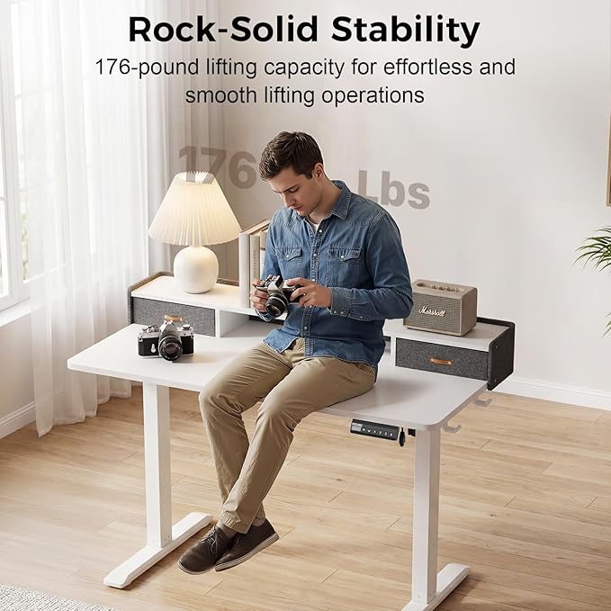 Electric Standing Desk with Drawers, 48 Inch Height Adjustable Desk with Power