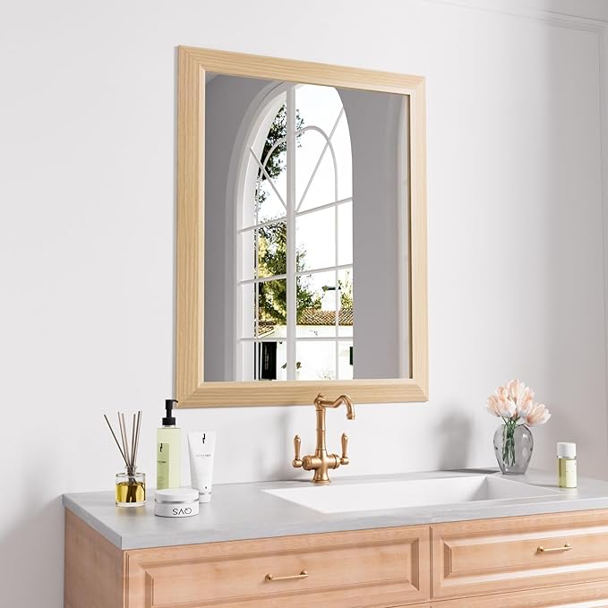 Amorho Bathroom Mirror, 24x30 Inch Wall Mirror, Oak Wood Grain Metal Framed