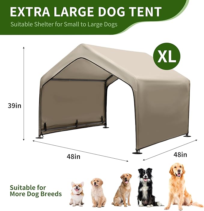 Summertrail Extra Large Dog House Outside, Dog Tent Outdoor, Big Dog Shade Shelter Doghouse Canopy, Water Resistant Dog shelter with Ground Nail, Khaki Sun Rain Cover for Pet Cat 4'x 4'x 3.3