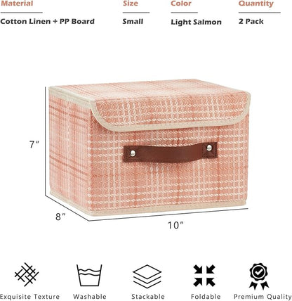 2PCS Storage Boxes with Lid 3D Textured Fabric Storage Bins Closet Organizer Containers Decorative Collapsible Washable Shelf Baskets with Faux Leather Handles (Light Salmon, Small Size)