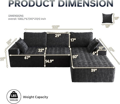 108" Sectional Couches for Living Room, Modular Sectional Sofa with L-Shape Chaise, Boneless Couch, Comfy Corduroy Fluffy Couch with Deep Seat and Side Pockets, No Assembly Required